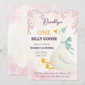 One silly goose 1st birthday pink floral girl cute 招待状 (正面/裏面)