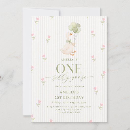 One Silly Goose Balloons Floral 1st Birthday 招待状 (正面)