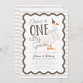 One Silly Goose Beige Bow 1st Birthday 招待状 (正面/裏面)