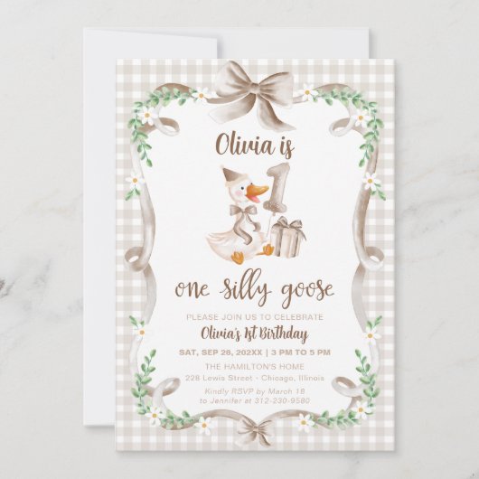 One Silly Goose Beige Brown Bow 1st Birthday 招待状 (正面)