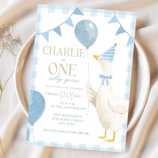 One Silly Goose Birthday Invitation Blue Gingham  招待状