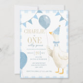 One Silly Goose Birthday Invitation Blue Gingham  招待状 (正面)