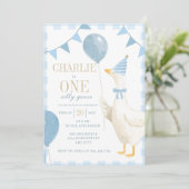 One Silly Goose Birthday Invitation Blue Gingham  招待状 (スタンド正面)