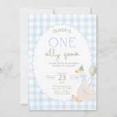 One Silly Goose Birthday Invite Blue Gingham 招待状 (正面)