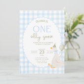 One Silly Goose Birthday Invite Blue Gingham 招待状 (スタンド正面)