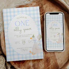 One Silly Goose Birthday Invite Blue Gingham 招待状