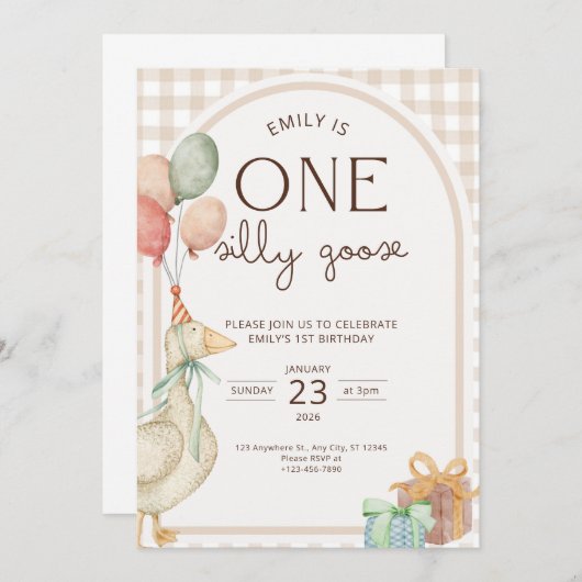 One Silly Goose Birthday Invite Gender Neutral  招待状 (正面/裏面)