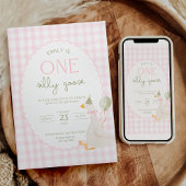 One Silly Goose Birthday Invite Pink Gingham 招待状