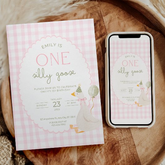One Silly Goose Birthday Invite Pink Gingham 招待状
