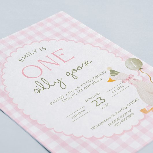 One Silly Goose Birthday Invite Pink Gingham 招待状
