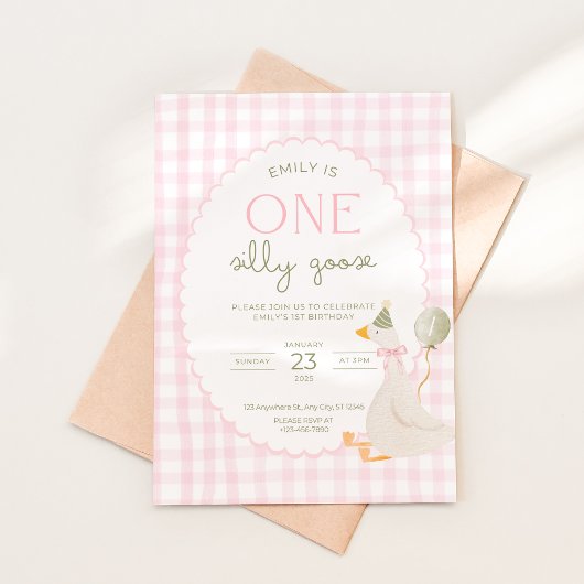 One Silly Goose Birthday Invite Pink Gingham 招待状