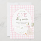 One Silly Goose Birthday Invite Pink Gingham First 招待状 (正面)