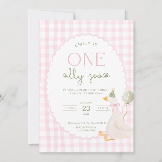One Silly Goose Birthday Invite Pink Gingham First 招待状 (正面)