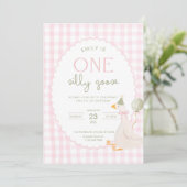 One Silly Goose Birthday Invite Pink Gingham First 招待状 (スタンド正面)