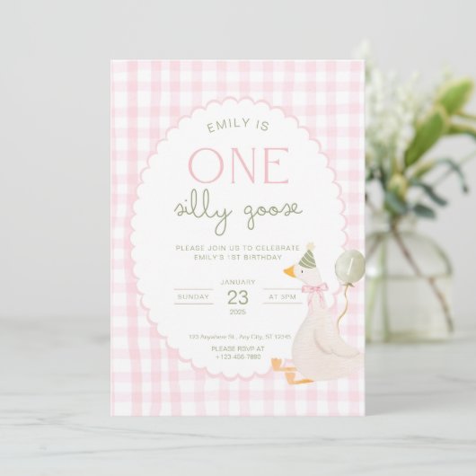 One Silly Goose Birthday Invite Pink Gingham First 招待状 (スタンド正面)