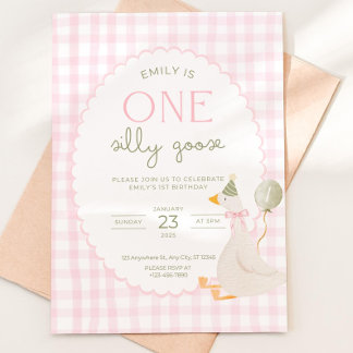 One Silly Goose Birthday Invite Pink Gingham First 招待状