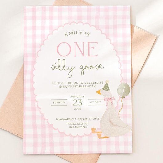 One Silly Goose Birthday Invite Pink Gingham First 招待状