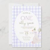 One Silly Goose Birthday Invite Purple Gingham 招待状 (正面)