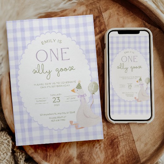 One Silly Goose Birthday Invite Purple Gingham 招待状