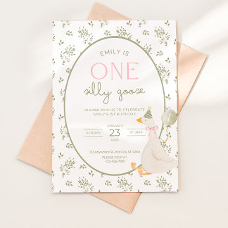 One Silly Goose Birthday Invite Vintage Floral 1ST 招待状