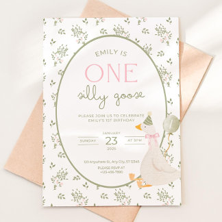 One Silly Goose Birthday Invite Vintage Floral Fir 招待状