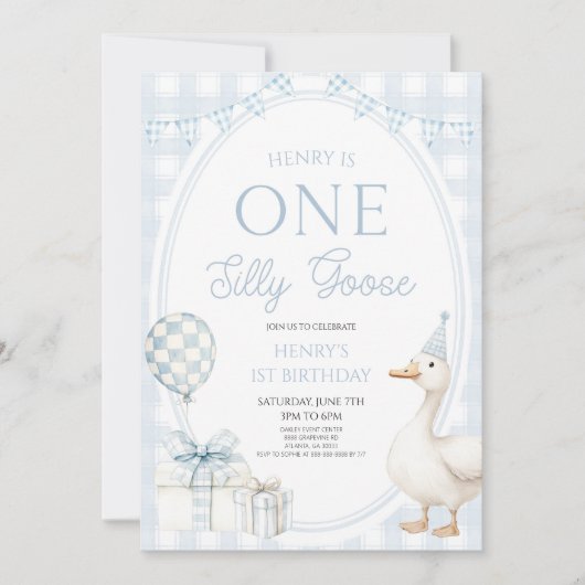 ONE Silly Goose Blue 1st Birthday Party 招待状 (正面)