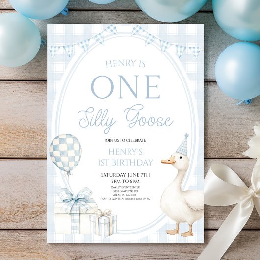 ONE Silly Goose Blue 1st Birthday Party 招待状