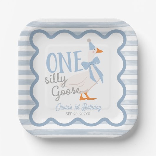 One Silly Goose Blue Bow 1st Birthday ペーパープレート (正面)