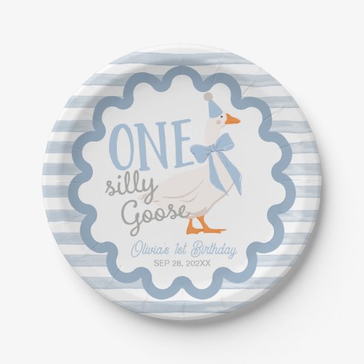 One Silly Goose Blue Bow 1st Birthday ペーパープレート (正面)