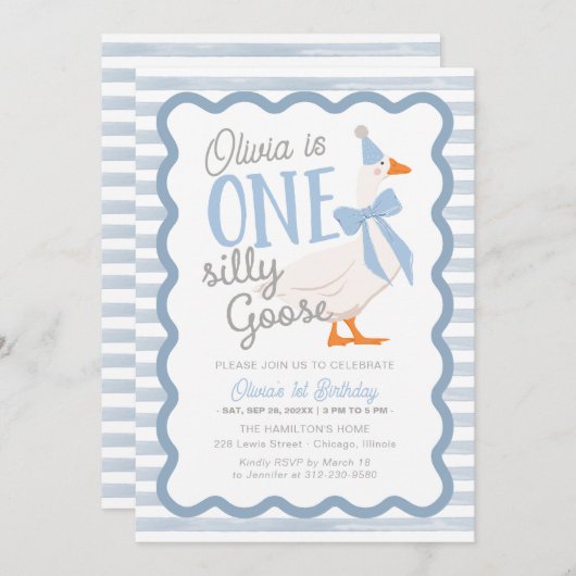 One Silly Goose Blue Bow 1st Birthday 招待状 (正面/裏面)