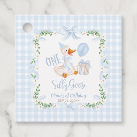 One Silly Goose Blue Bow Floral 1st Birthday フェイバータグ (正面)