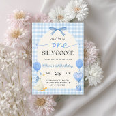 One Silly Goose Blue Bow Gingham 1st Birthday 招待状