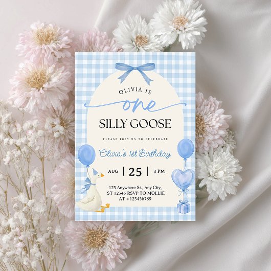 One Silly Goose Blue Bow Gingham 1st Birthday 招待状