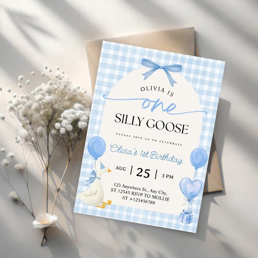One Silly Goose Blue Bow Gingham 1st Birthday 招待状