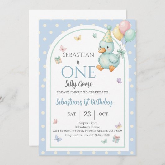 One Silly Goose Blue Boy 1st Birthday 招待状 (正面/裏面)