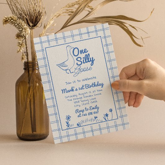 One Silly Goose Blue Drawn 1st Boy Birthday  招待状