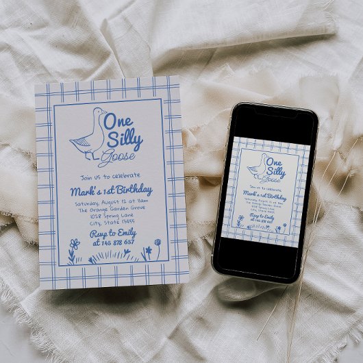 One Silly Goose Blue Drawn 1st Boy Birthday  招待状