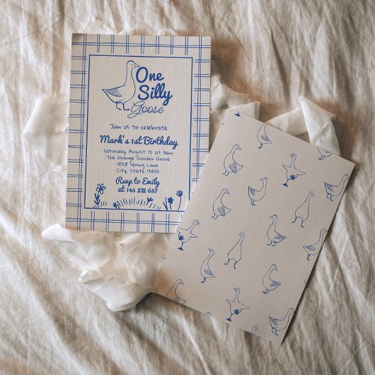 One Silly Goose Blue Drawn 1st Boy Birthday  招待状