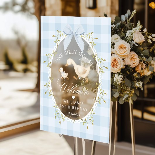One Silly Goose Blue Gingham Birthday Welcome アクリルサイン