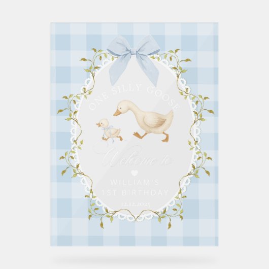 One Silly Goose Blue Gingham Birthday Welcome アクリルサイン (正面)