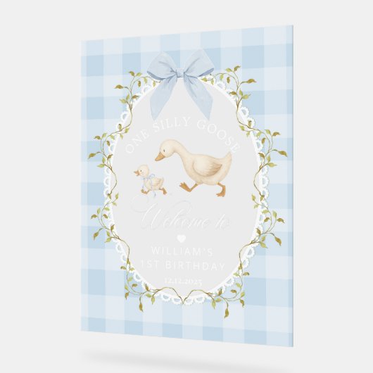 One Silly Goose Blue Gingham Birthday Welcome アクリルサイン (傾斜)