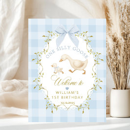 One Silly Goose Blue Gingham Birthday Welcome ポスター