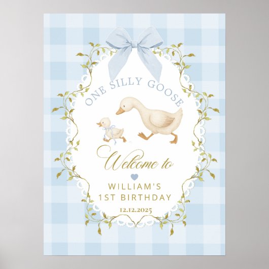One Silly Goose Blue Gingham Birthday Welcome ポスター (正面)