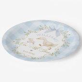 One Silly Goose Blue Gingham Boy 1st Birthday ペーパープレート (アングル)