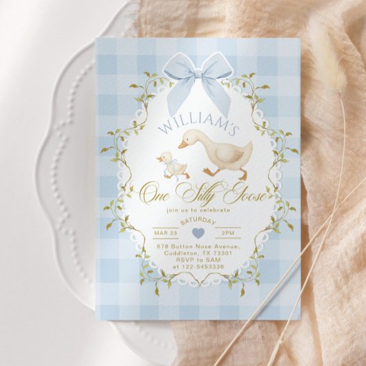 One Silly Goose Blue Gingham Boy 1st Birthday 招待状