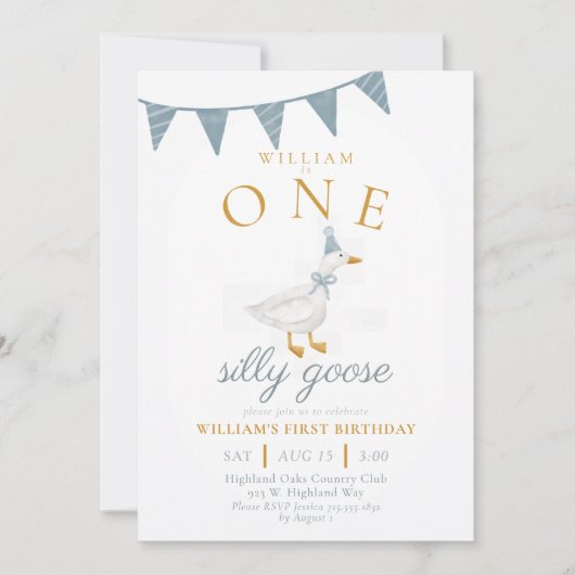 ONE Silly Goose Blue Gingham Boy First Birthday  招待状 (正面)