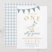 ONE Silly Goose Blue Gingham Boy First Birthday  招待状 (正面/裏面)