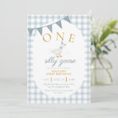 ONE Silly Goose Blue Gingham Daisy First Birthday 招待状 (スタンド正面)