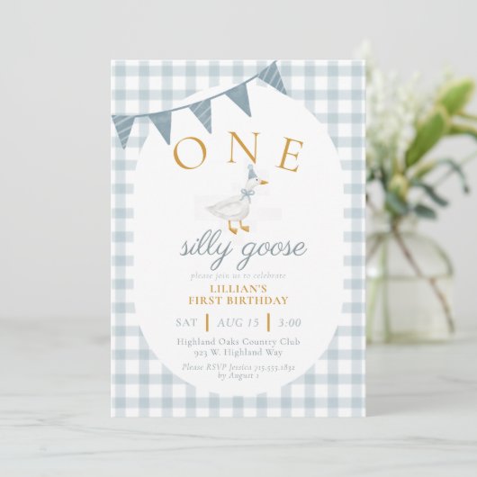 ONE Silly Goose Blue Gingham Daisy First Birthday 招待状 (スタンド正面)