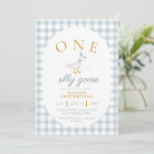 ONE Silly Goose Blue Gingham Daisy First Birthday 招待状 (スタンド正面)